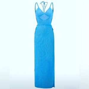 🎀 Vibrant Sky Blue Soft Crochet Knit Hollow Out Dress 🎀 NWT